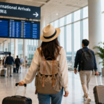 Turista com mala caminhando por um aeroporto na China, com sinalização em chinês e inglês
