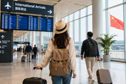 Turista com mala caminhando por um aeroporto na China, com sinalização em chinês e inglês