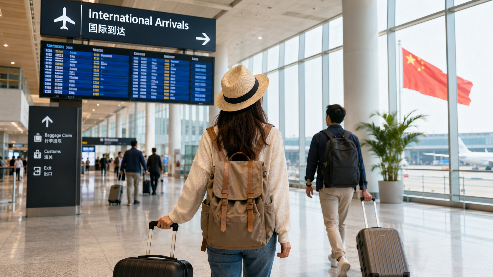 Turista com mala caminhando por um aeroporto na China, com sinalização em chinês e inglês